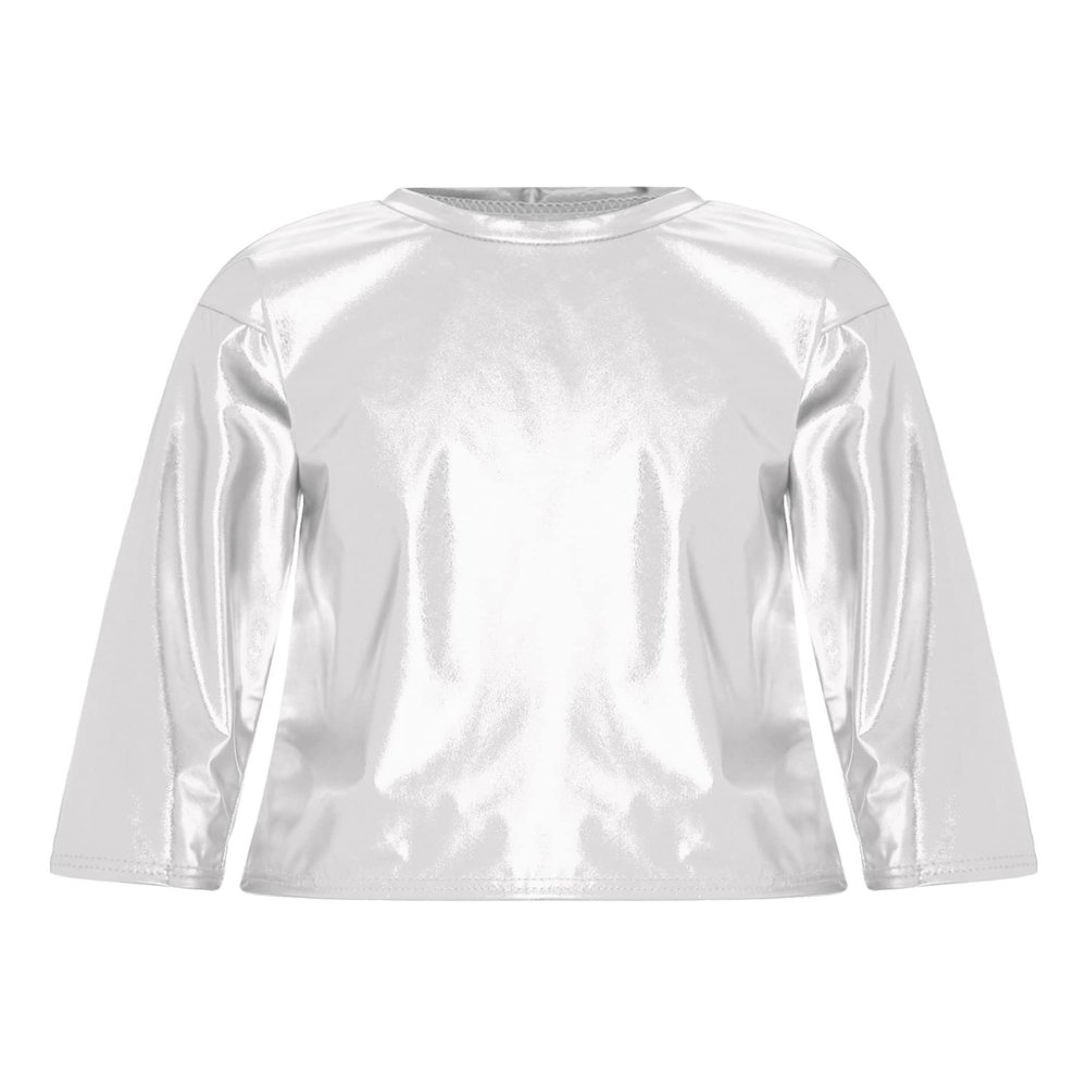 Kaerm Kids Boys Girls Shiny Metallic Long Sleeve Crew Neck Shirt Top Street Jazz Hip Hop Dance T-Shirt Tees Dancewear Silver 11-12 Years