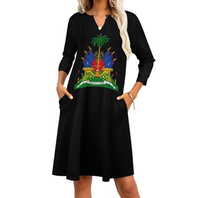Fattyeery Elegant Casual Long Dress Haiti Flag Girls Summer Sunshine Beach Skirts for Womens 3XL