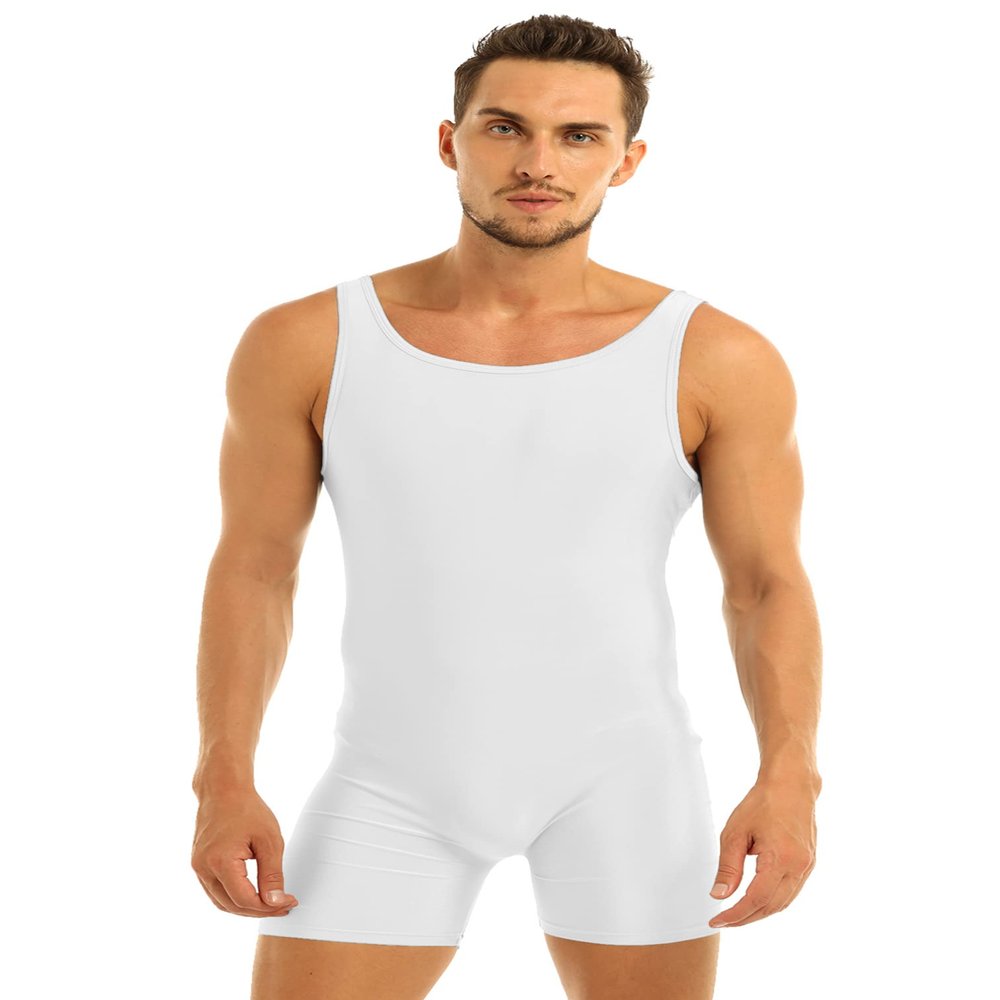 Agoky Adult Men's Spandex Short Tank Unitard Bodysuit Sports Workout Biketard Bodyshaper White XX-Large