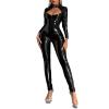 iiniim Women's Sexy Vinyl Leather Jumpsuit Full Bodysuit Cutout Open Front Zipper Romper Playsuit Black X-Large view 1