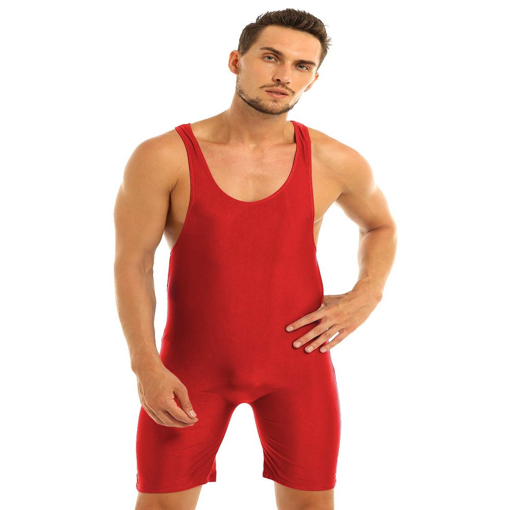Agoky Men's Modified Jumpsuit One Piece Tank Top Leotard Wrestling Singlet Bodysuit Biketard Red XX-Large