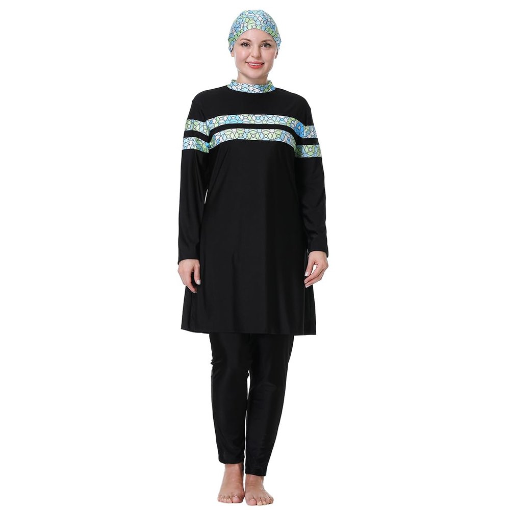 Plus Size Muslim Swimsuits for Women Full Coverage Modest Islamic Swimwear Burkini Long Sleeve Muslim Dress Top Pants Cap Set 3PCS Sun Protection Rash Guard Fat Bathing Suits Black Sky Blue f 3XL
