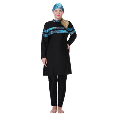 Plus Size Swimsuit Women Muslim Full Coverage Modest Islamic Swimwear Burkini Long Sleeve Muslim Dress Top Pants Cap Set 3PCS Sun Protection Rash Guard Fat Bathing Suits Blue Black f 3XL