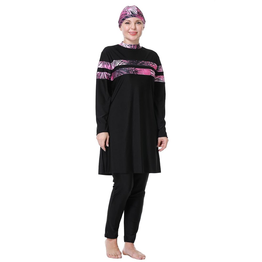 Plus Size Muslim Swimsuits for Women Long Sleeve Modest Islamic Swimwear Burkini Sun Protection Rash Guard Bathing Suits Muslim Dress Top Pants Cap Set 3PCS Black Hot Pink f 3XL