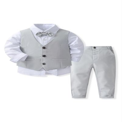 Abolai Baby Boys' 4 Piece Gentleman Set with White Shirt,Bowtie,Vest and Pant Grey 90
