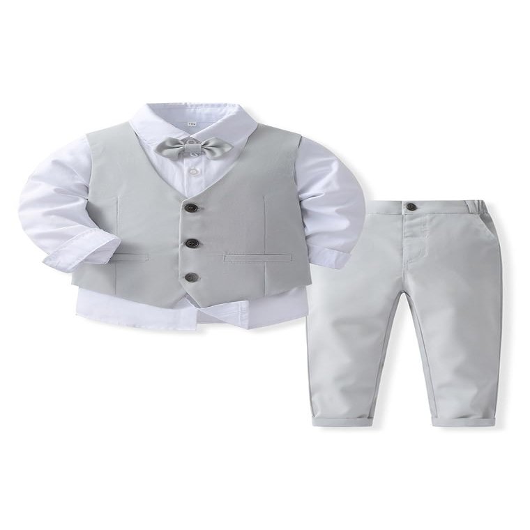 Abolai Baby Boys' 4 Piece Gentleman Set with White Shirt,Bowtie,Vest and Pant Grey 90