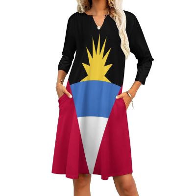 Fattyeery Womens Summer Casual Loose Dress Antigua and Barbuda Flag Long Dress Short Sleeve for Girls Fashion Skirts 3XL