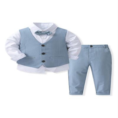 Abolai Baby Boys' 4 Piece Gentleman Set with White Shirt,Bowtie,Vest and Pant LightBlue 80