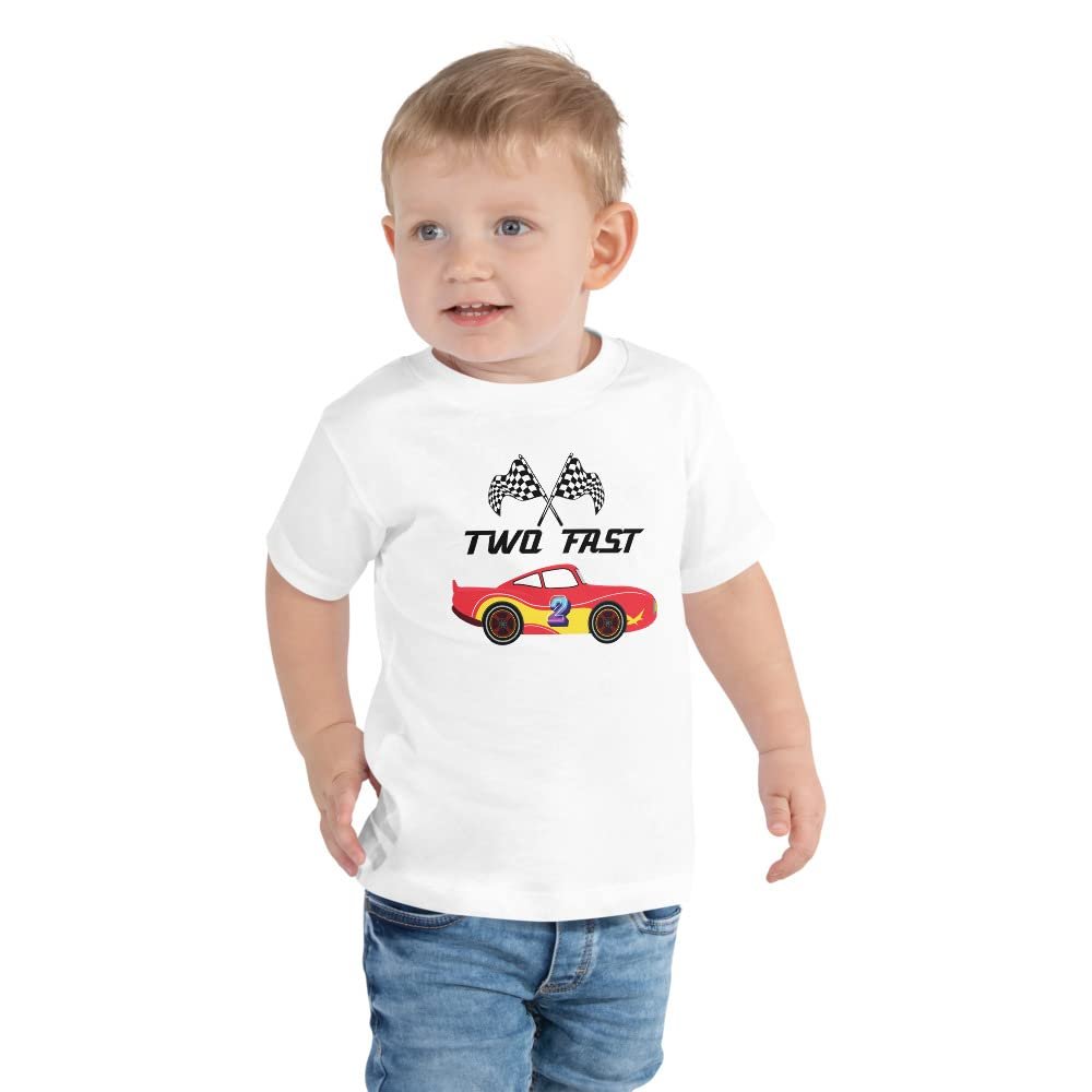 AMERIDESIGNS 2nd Birthday Shirt, Two Fast Race Car Theme 2nd Birthday Toddler Short Sleeve Tee White