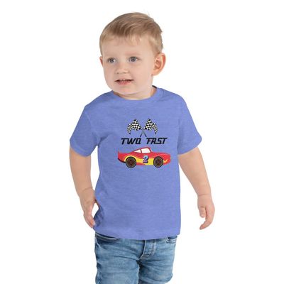 AMERIDESIGNS 2nd Birthday Shirt, Two Fast Race Car Theme 2nd Birthday Toddler Short Sleeve Tee Heather Columbia Blue