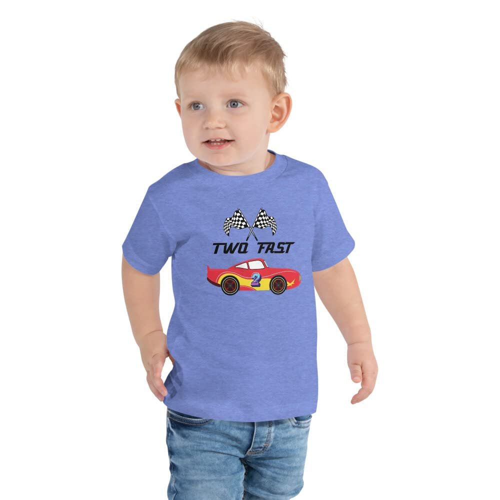 AMERIDESIGNS 2nd Birthday Shirt, Two Fast Race Car Theme 2nd Birthday Toddler Short Sleeve Tee Heather Columbia Blue