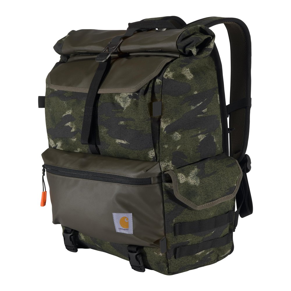 Carhartt 40L Nylon Roll Top Backpack, Heavy-Duty Water-Resistant Material W/ 17" Laptop Sleeve, Blind Fatigue Camo