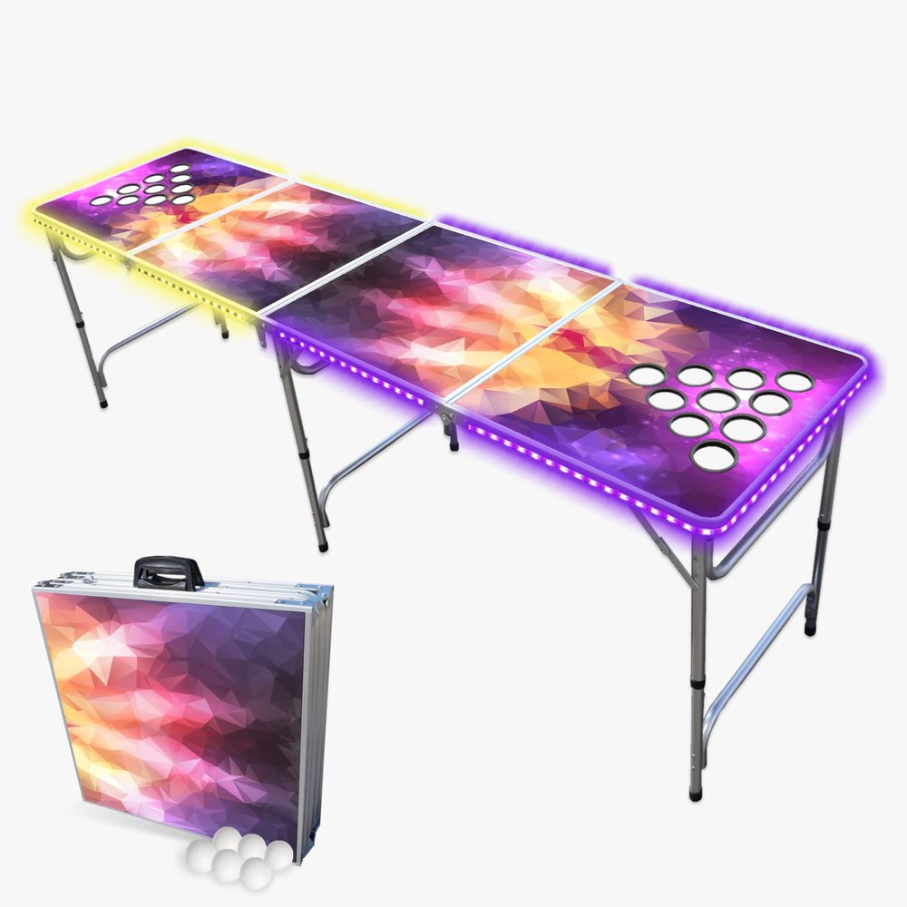 PARTYPONG 8-Foot Folding Beer Pong Table w/Cup Holes & LED Lights - Prism Edition