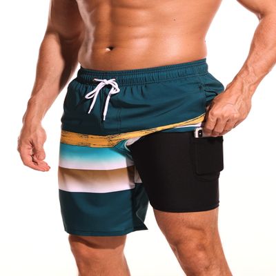 difficort Mens Swimming Trunks with Compression Liner Quick Dry Board Shorts Swimsuit with Zipper Pockets,Blackish Green+Yellow,XX-Large