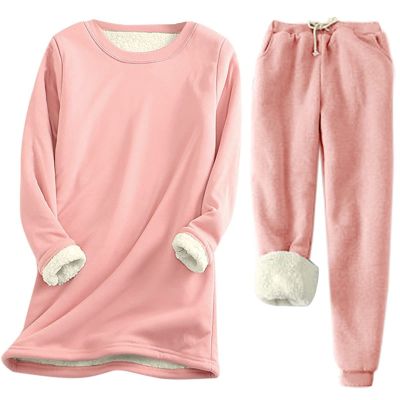 tuduoms Womens Winter Thermal Sweatsuits 2 Piece Outfits Sherpa Fleece Lined Sweatshirt Top and Pant Sets Warm Underwear Suit