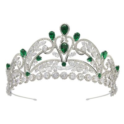 Silver Green Tiara for Women, Quinceaera Crown with Emerald Zircon Stones, Bridal Wedding Headpiece, Elegant Pageant & Birthday Crown, Platinum Plated Jewelry Gift