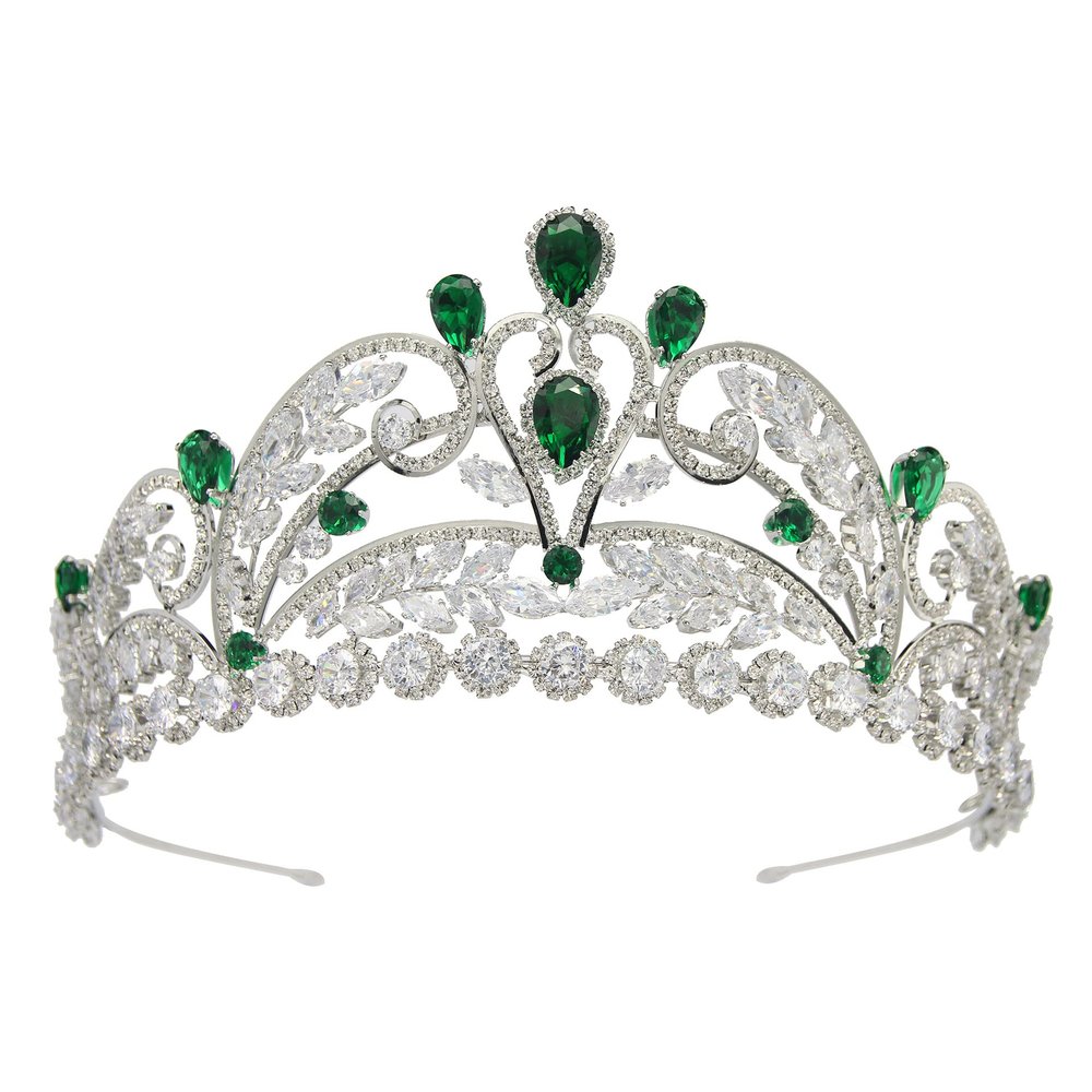 Silver Green Tiara for Women, Quinceaera Crown with Emerald Zircon Stones, Bridal Wedding Headpiece, Elegant Pageant & Birthday Crown, Platinum Plated Jewelry Gift