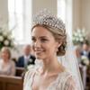 Silver Wedding Crown for Bride Cubic Zirconia Tiara for Quinceanera Pageant view 2