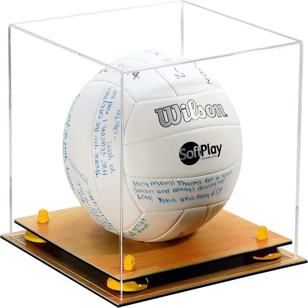 Better Display Cases Acrylic Volleyball Display Case with Clear Case, Yellow Risers and Wood Base (B02/A027)