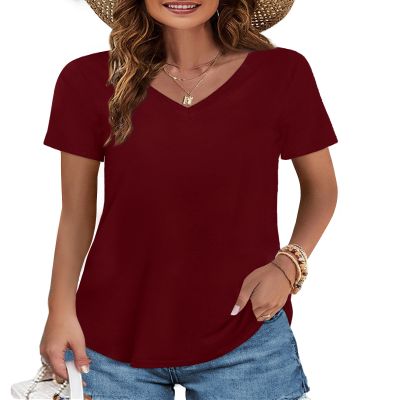 Elesomo Womens Cotton T Shirts Short Sleeve Summer Tops, Burgundy XXL