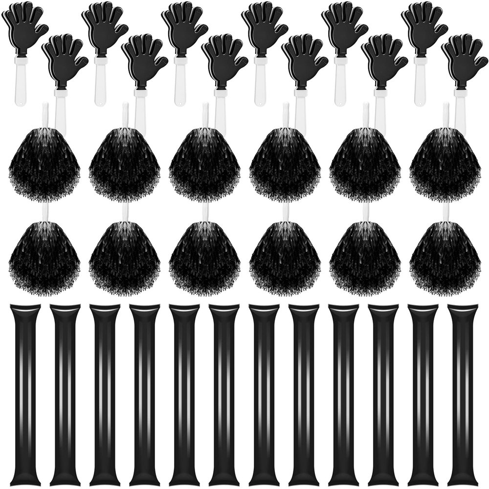 Sosation 36 Pcs Team Spirit Accessories, Cheerleading Pom Poms Hand Clappers Party Favors and Thunder Sticks Noise Makers for Sporting Events Football Baseball Cheering Essentials(Black)