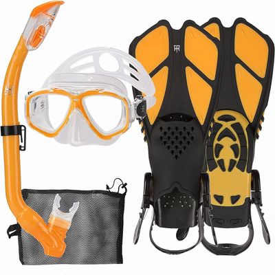 Kids Snorkeling Set with Fins Anti Leak Snorkeling Gear for Kids with Adjustable Flippers, Youth Junior Full Dry Snorkel Set Swimming Goggles with Nose Cover Diving Mask Scuba with Bag, 5-14 Yrs