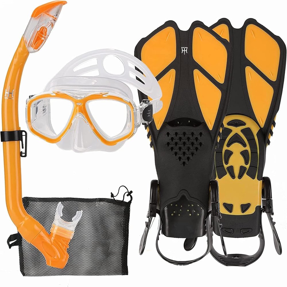 Kids Snorkeling Set with Fins Anti Leak Snorkeling Gear for Kids with Adjustable Flippers, Youth Junior Full Dry Snorkel Set Swimming Goggles with Nose Cover Diving Mask Scuba with Bag, 5-14 Yrs