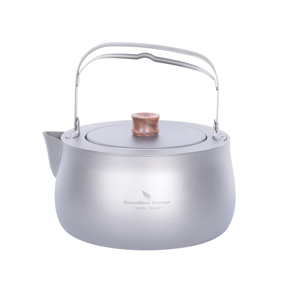 iBasingo 800ml Titanium Kettle Camping Teapot with Folding Handle Ultralight Portable Metal Tea Pot Coffee Maker for Outdoor Garden Backpacking Picnic Ti3131D