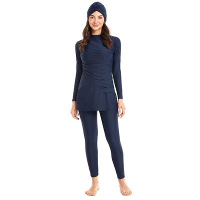 Muslim Swimsuits for Women Modest Swimwear Islamic Burkini Swimsuit Full Cover Hijab Muslim Pullover Ruched Top Dress Leggings Rashguard Bathing Suits Traje De Bao Musulmn para Mujer Navy Blue L