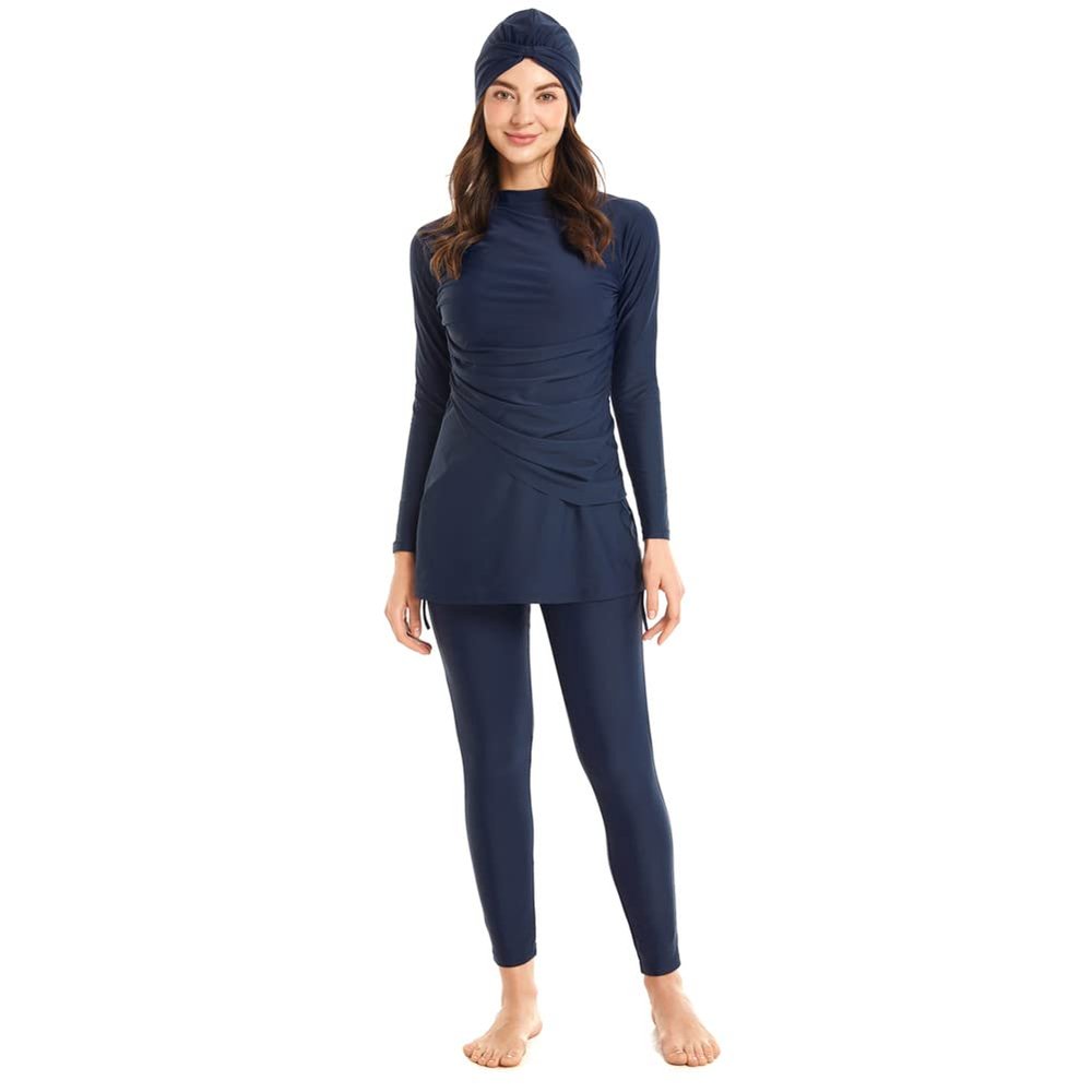 Muslim Swimsuits for Women Modest Swimwear Islamic Burkini Swimsuit Full Cover Hijab Muslim Pullover Ruched Top Dress Leggings Rashguard Bathing Suits Traje De Bao Musulmn para Mujer Navy Blue L