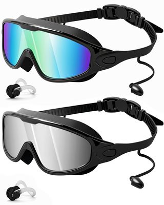 Rantizon Swim Goggles 2 Pack, Adjustable Wide View Anti Fog&UV Swimming Goggles for Audlt, No Leaking Swim Glasses for Men Women Youth, Aqua & Bright Silver