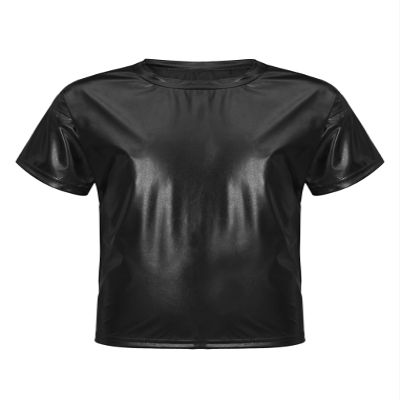 YEAHDOR Kids Metallic Shiny T-Shirt Hip Hop Modern Dance Top Jazz Party Performance Dancewear Black 5-6 Years