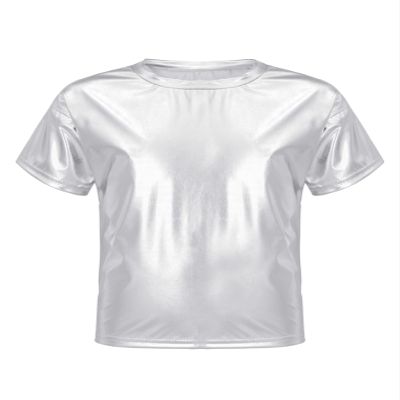 YEAHDOR Kids Metallic Shiny T-Shirt Hip Hop Modern Dance Top Jazz Party Performance Dancewear Silver 2-3 Years