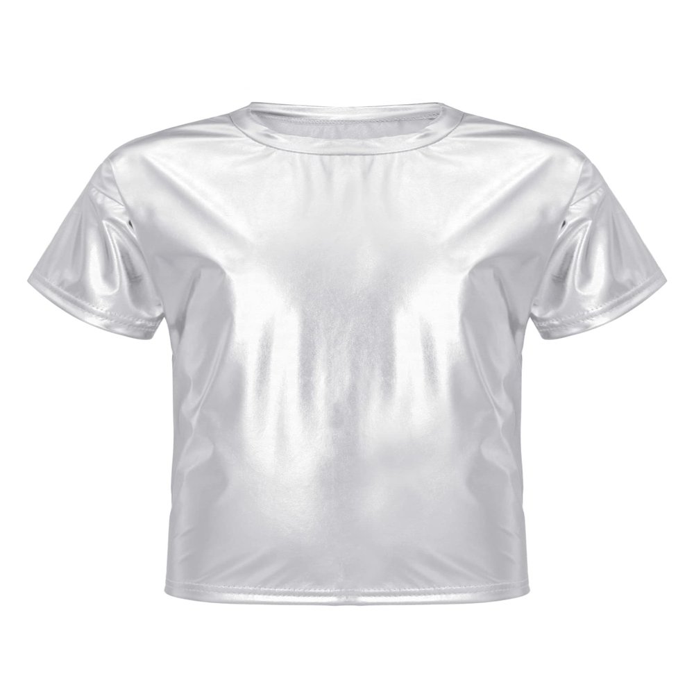 YEAHDOR Kids Metallic Shiny T-Shirt Hip Hop Modern Dance Top Jazz Party Performance Dancewear Silver 2-3 Years