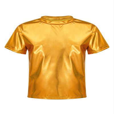 YEAHDOR Kids Metallic Shiny T-Shirt Hip Hop Modern Dance Top Jazz Party Performance Dancewear Gold 11-12 Years