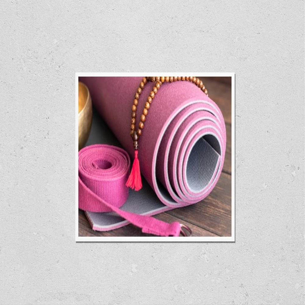 HardPress Wall Art Poster Print of Yoga Mat, Wooden Mala Beads,Yoga Strap and a Tibetan Bowl on Wooden Background. Essential Accessories for Practice Yoga and Meditation. Copy Space