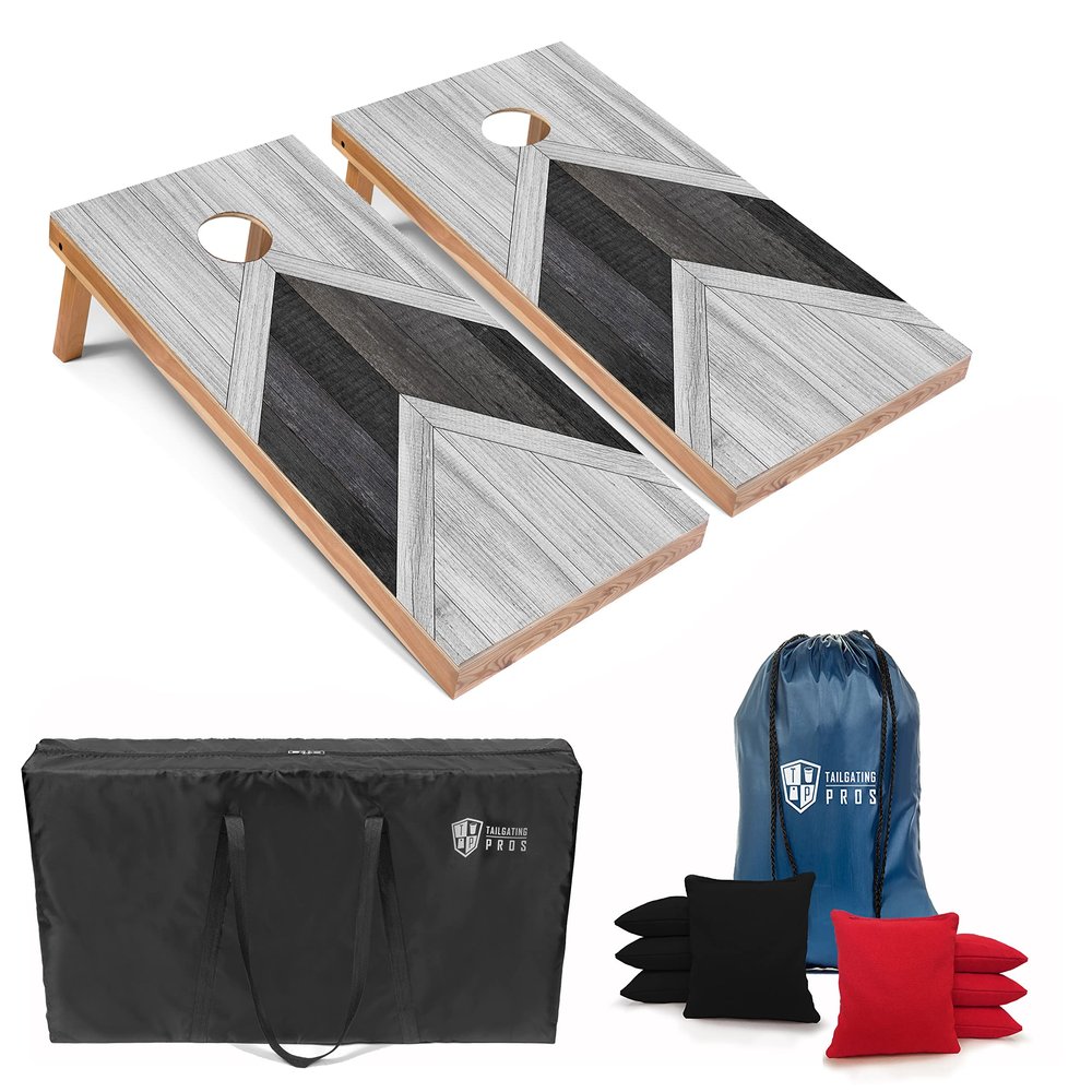 Tailgating Pros Lightweight Cornhole Boards - 4'x2' Modern Wooden Designs Cornhole Game w/Carrying Case & Set of 8 Corn Hole Bean Bags w/Tote