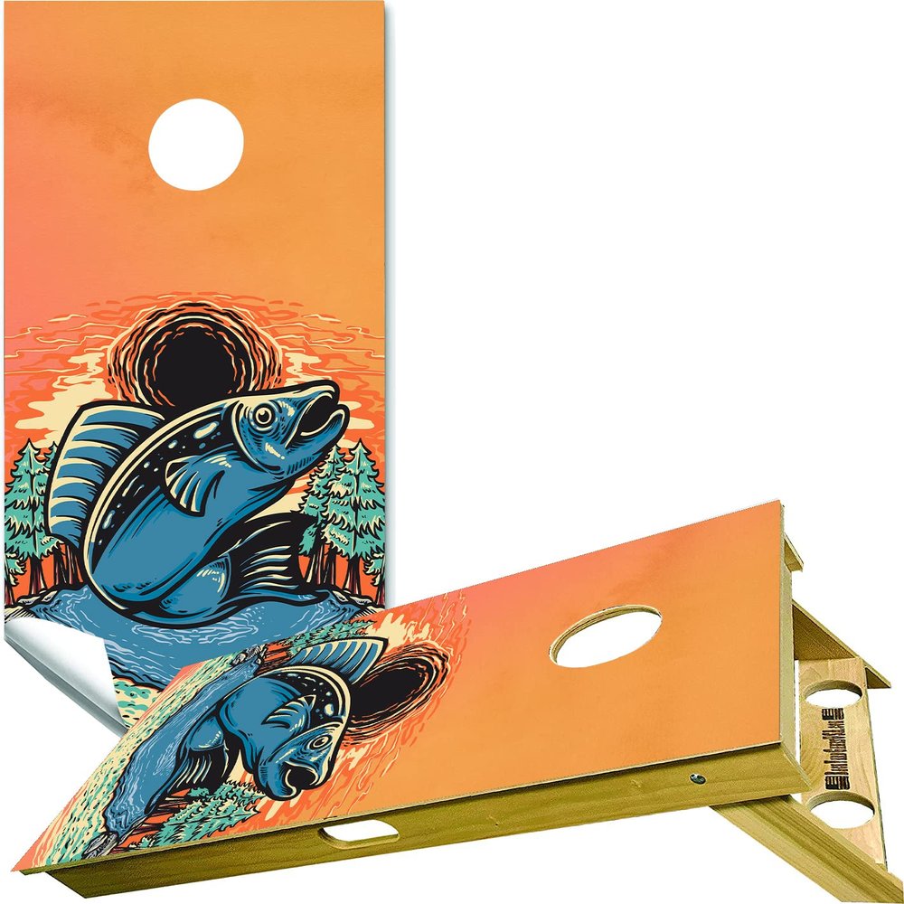 Beerpongtoss Cornhole Board Wraps, Cornhole Decals and Wraps for Boards (Set of 2) - Transform Your Cornhole Game with Our Durable Board Wraps (Fish Orange)