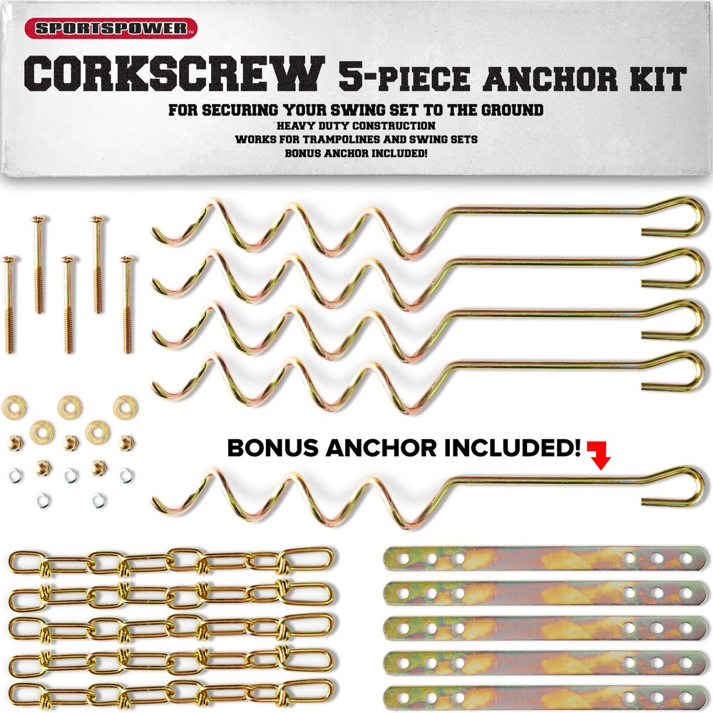 Sportspower MSC-5672 Deluxe Corkscrew 5-Piece Metal Ground Anchor Hardware Kit for Swing Sets and Trampoline - Gold