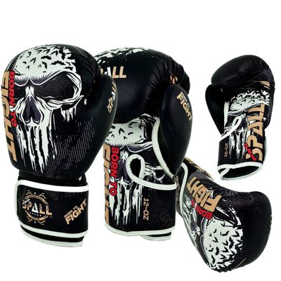 Spall Pro US MMA, Kickboxing, Muay Thai Boxing Leather Gloves for Men & Women - Born to Fight Black - 6 OZ