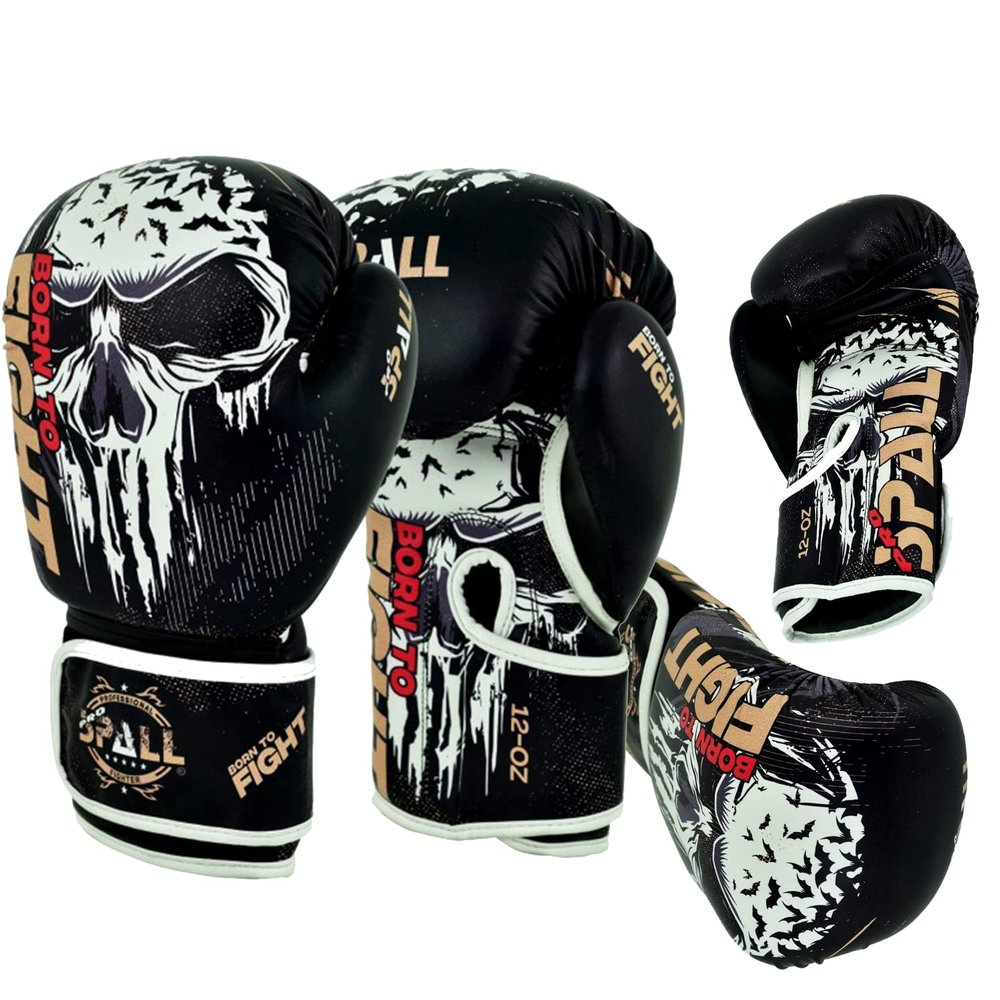 Spall Pro US MMA, Kickboxing, Muay Thai Boxing Leather Gloves for Men & Women - Born to Fight Black - 6 OZ