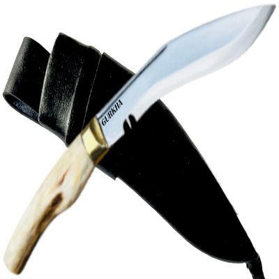 Gurkha Deer Horn, Carbon Steel Kukri Knife Overall 9 Inch Panawal Ankhola Full Tang 4.25 IN Fixed Blade Kukri Khukuri With Leather Sheath - Hand-Hammered, Hand Forged In Nepal
