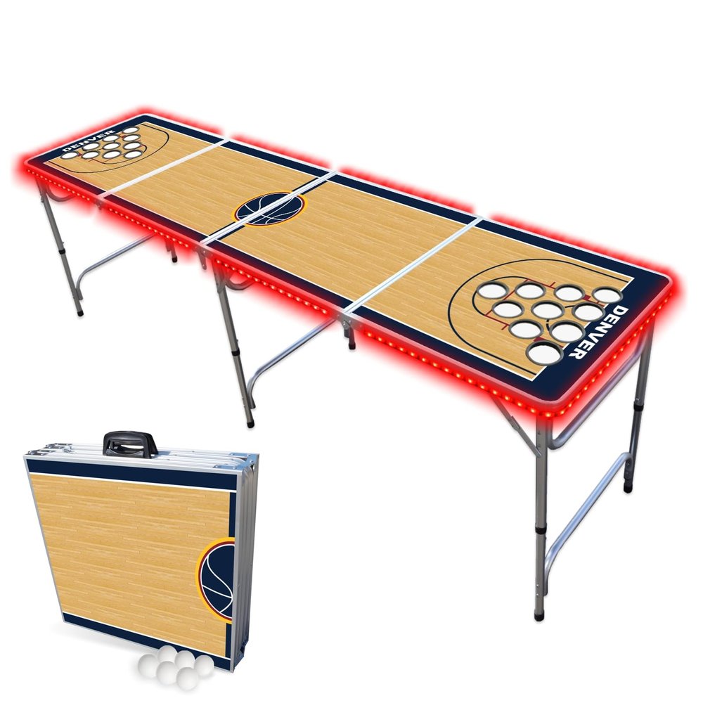 8-Foot Professional Beer Pong Table w/Cup Holes & LED Lights - Denver Basketball Court