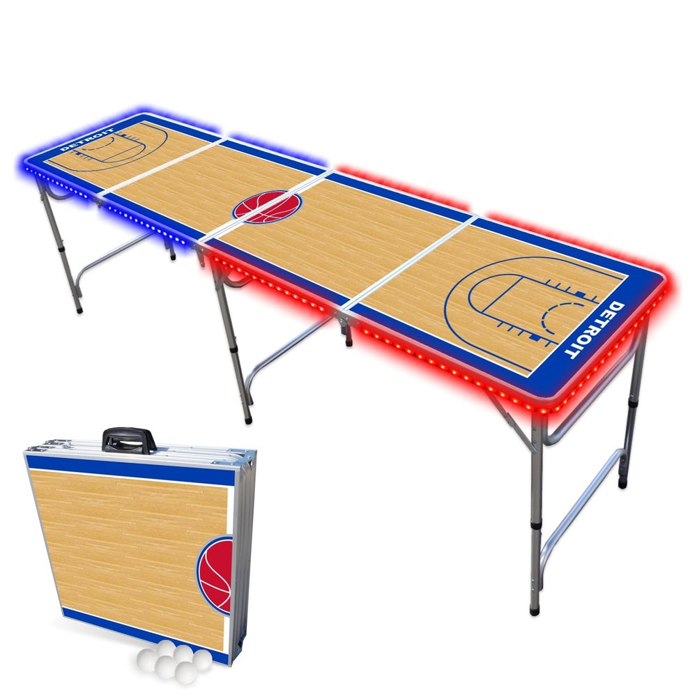 8-Foot Professional Beer Pong Table w/LED Lights - Detroit Basketball Court