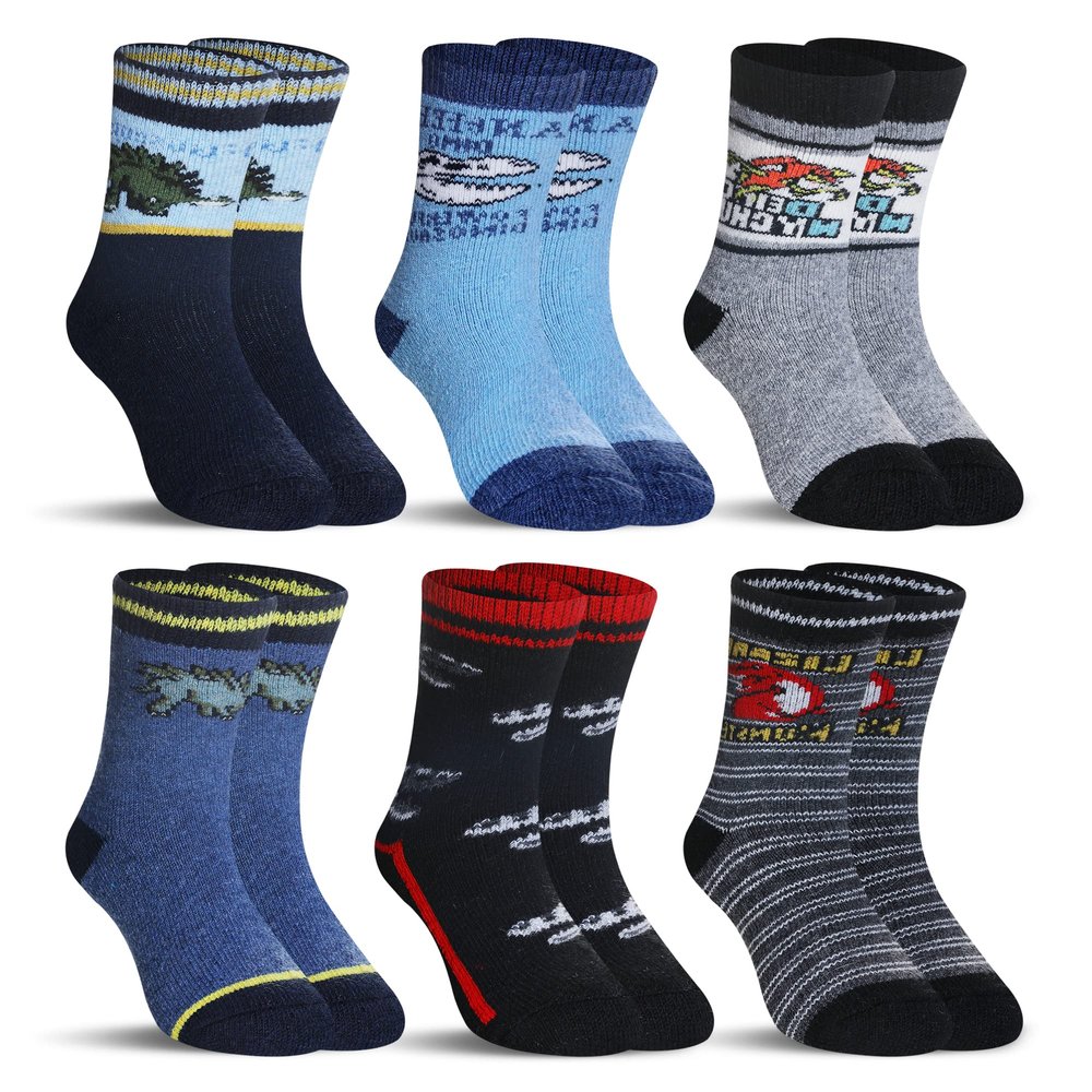 SeeyAN Kids Merino Wool Socks Boys Girls Hiking Boot Winter Thermal Warm Cozy Soft Toddler Thick Crew Socks 6 Pairs (6 Pairs Dinosaur C, 1-3 Years)