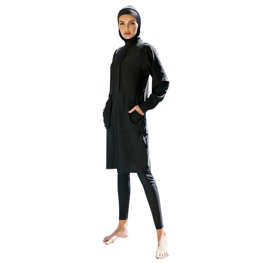Full Body Womens Muslim Swimsuits with Hijab Modest Islamic Arabic Swimwear Burkini Long Sleeve Muslim Dress Tops Pants Swim Bathing Suits Sunsuit UV Protection Rash Guard Sets Black Solid Color b S