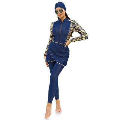 Muslim Swimsuits for Women with Hijab Modest Islamic Arabic Swimwear Burkini Full Coverage Long Sleeve Bathing Suit Women's Swimwear Bodysuits Top Pant Skirts Rashguard Sets Navy Blue Yellow XL