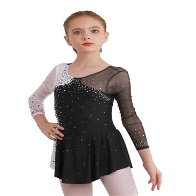 JEATHA Kids Girls Figure Ice Skating Dress Leotard Gymnastics Long Sleeve Color Block Mesh Rhinestones Dance Costume Black E 14 Years