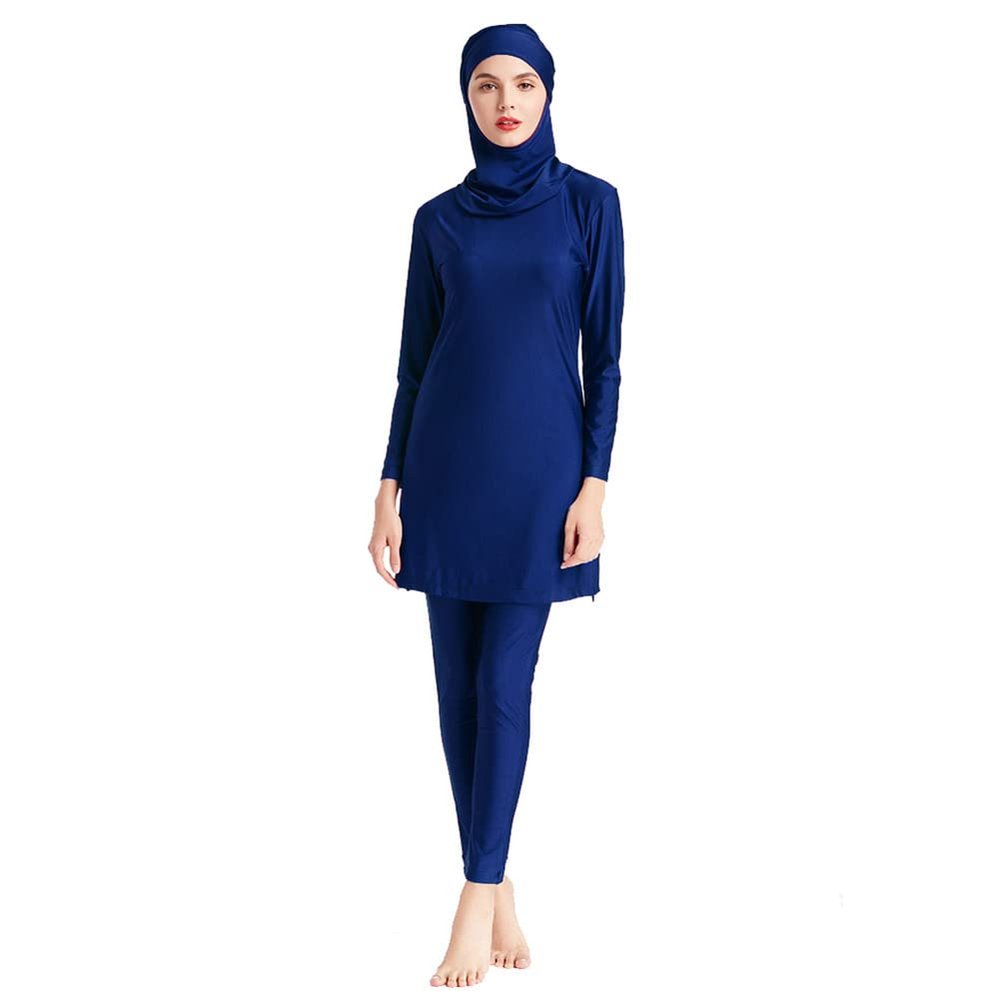 Full Body Womens Muslim Swimsuits with Hijab Modest Islamic Arabic Swimwear Burkini Swimming Cap Muslim Tops Pants Rashguard Bathing Suit Solid Color Dark Blue XL