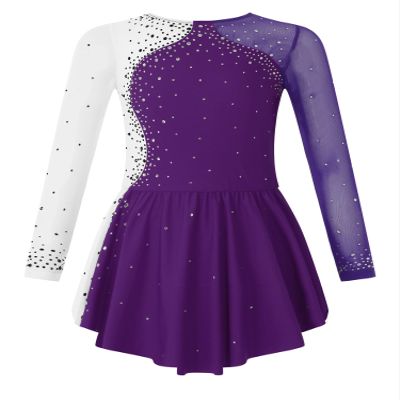 JEATHA Kids Girls Figure Ice Skating Dress Leotard Gymnastics Long Sleeve Color Block Mesh Rhinestones Dance Costume Purple E 8 Years